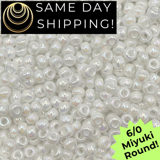 6-0471 Miyuki 6/0 Round Beads, White Pearl AB (6-402R)