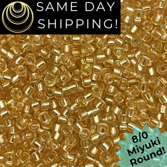 8-0092 Miyuki 8/0 Round Beads, Silver Lined Light Gold