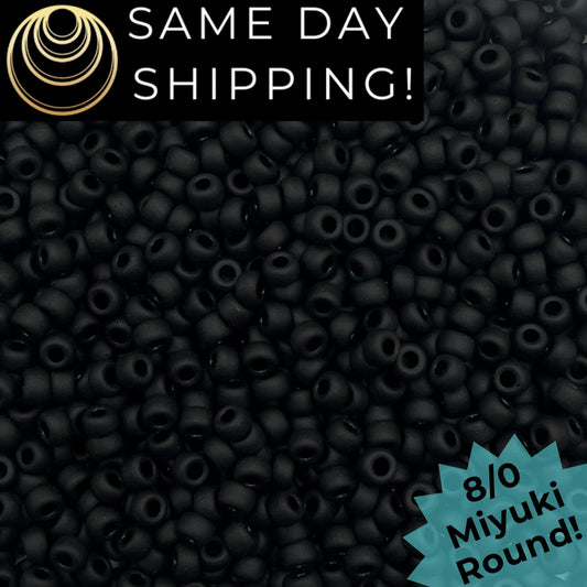 8-0401F Miyuki 8/0 Round Beads, Opaque Matte Black