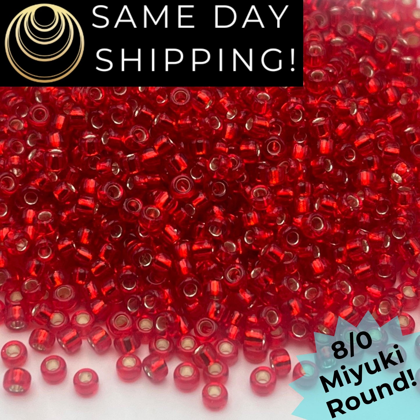 8-0910 Miyuki 8/0 Round Beads, Silver Lined Flame Red