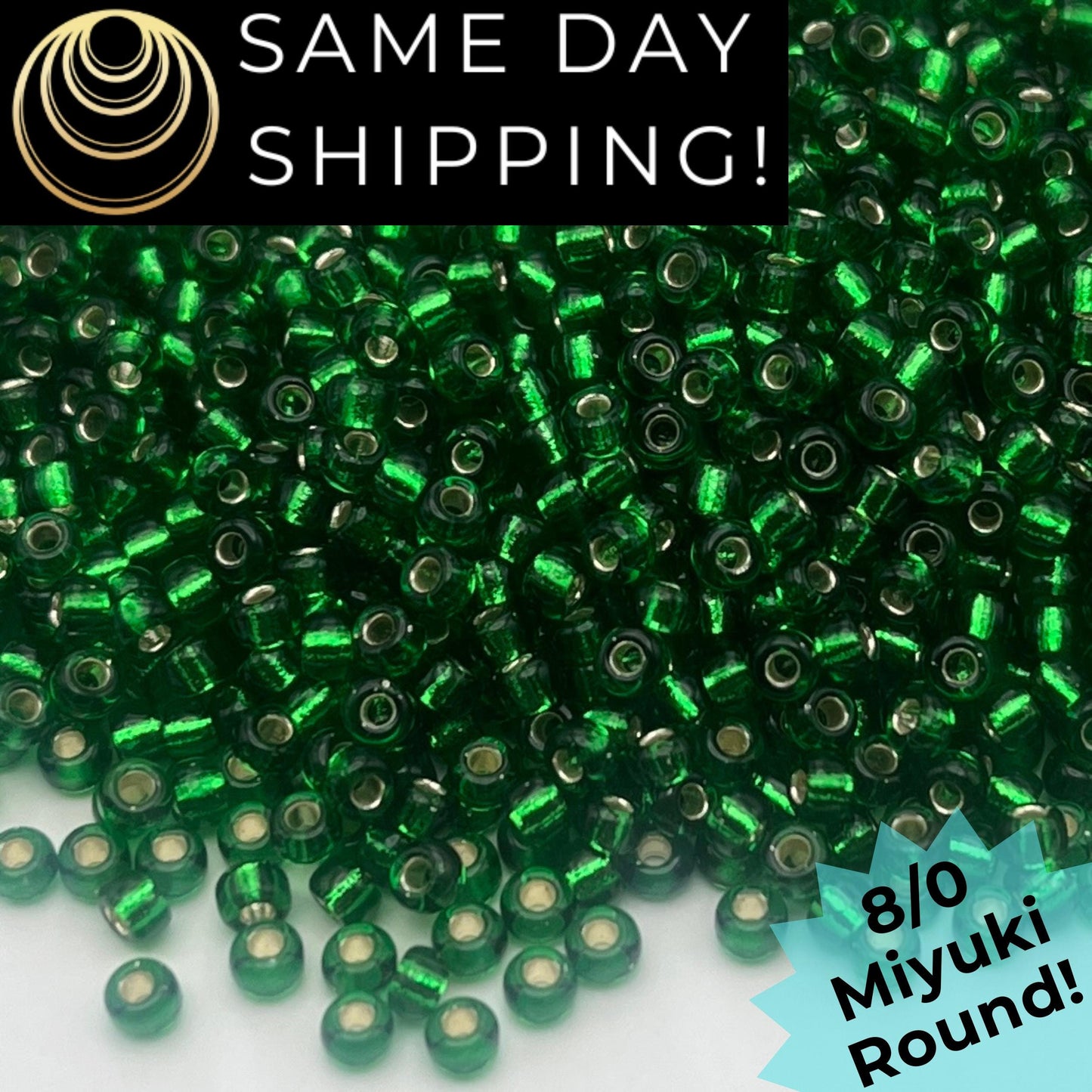 8-0916 Miyuki 8/0 Round Beads, Silver Lined Green