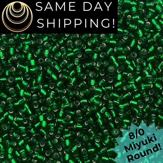8-0916 Miyuki 8/0 Round Beads, Silver Lined Green