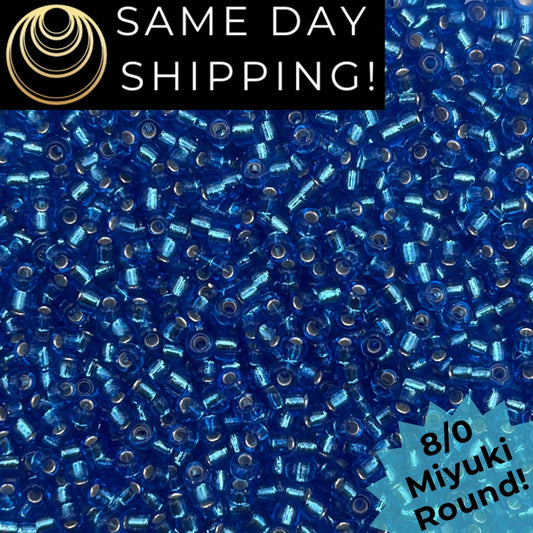 8-0919 Miyuki 8/0 Round Beads, Silver Lined Sapphire