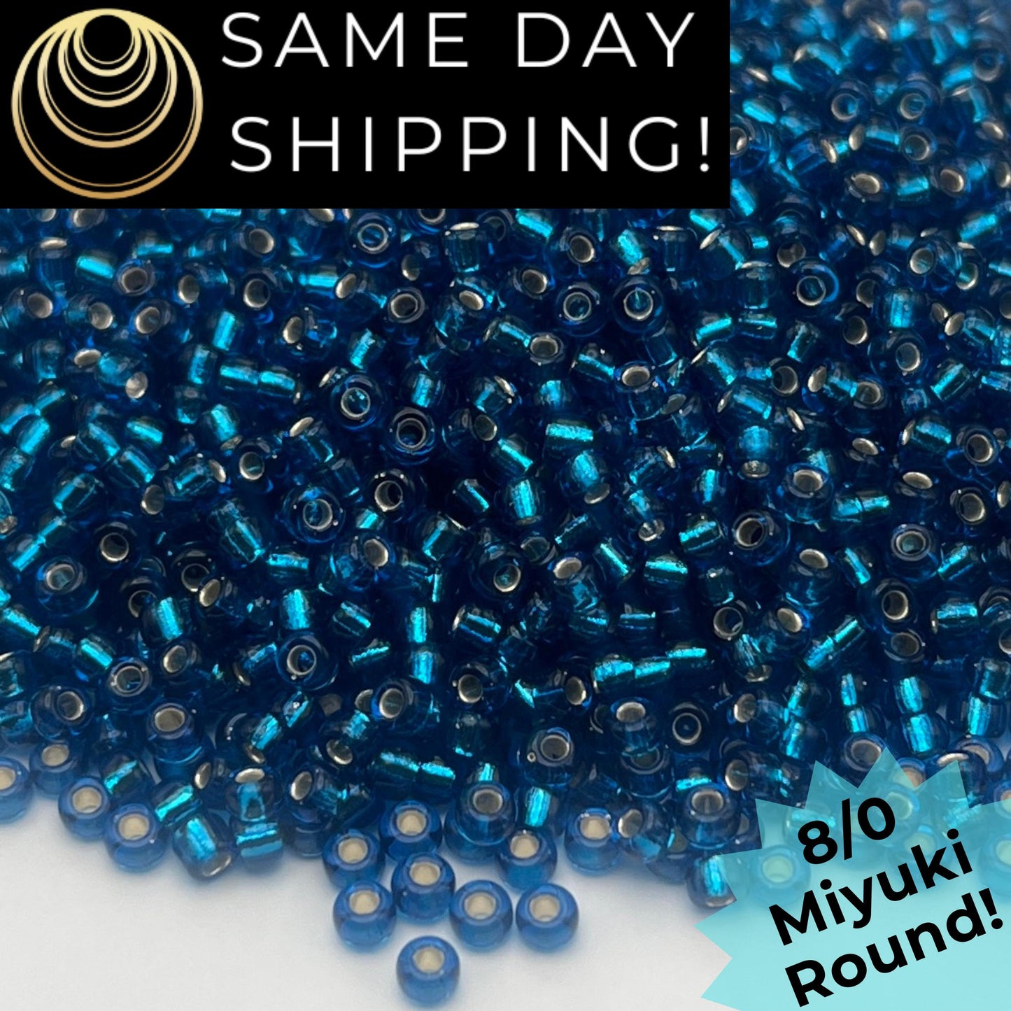 8-0925 Miyuki 8/0 Round Beads, Silver Lined Capri Blue