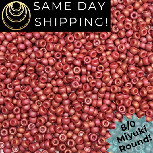 8-4695 Miyuki 8/0 Round Beads, Frosted Opaque Glazed Cardinal Rainbow