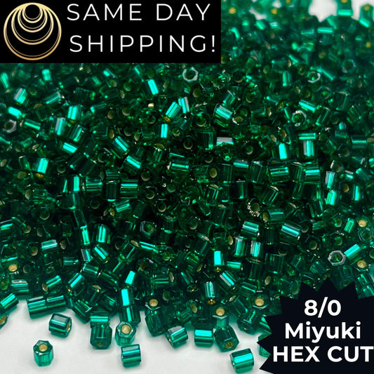 8C-0017 Miyuki 8/0 Hex Cut Beads, Silver Lined Emerald Green