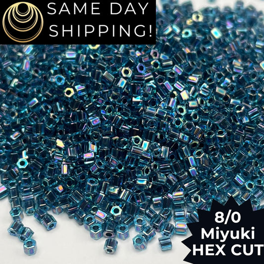 8C-0339 Miyuki 8/0 Hex Cut Beads, Blue Lined Aqua AB