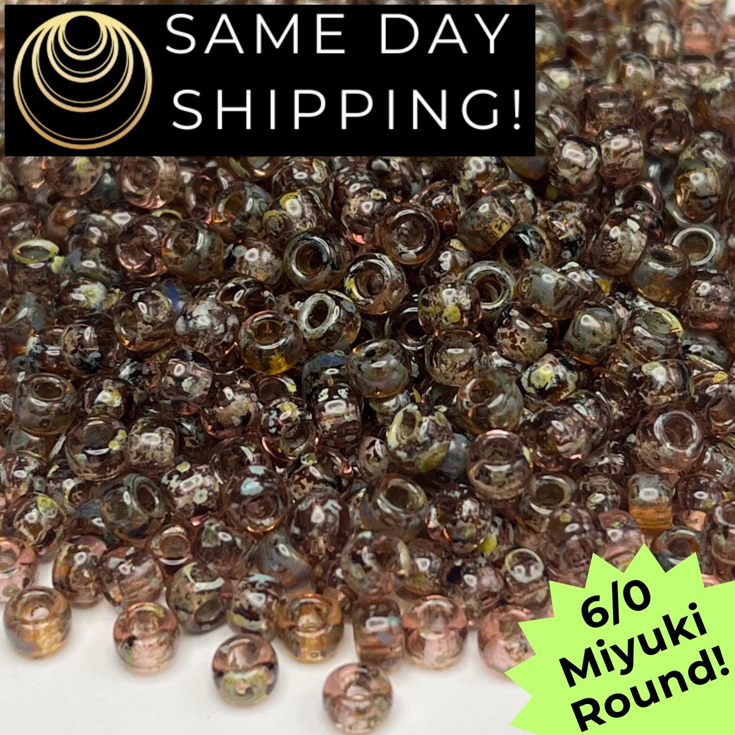 6-4505 Miyuki 6/0 Round Beads, Transparent Light Smoky Topaz Picasso