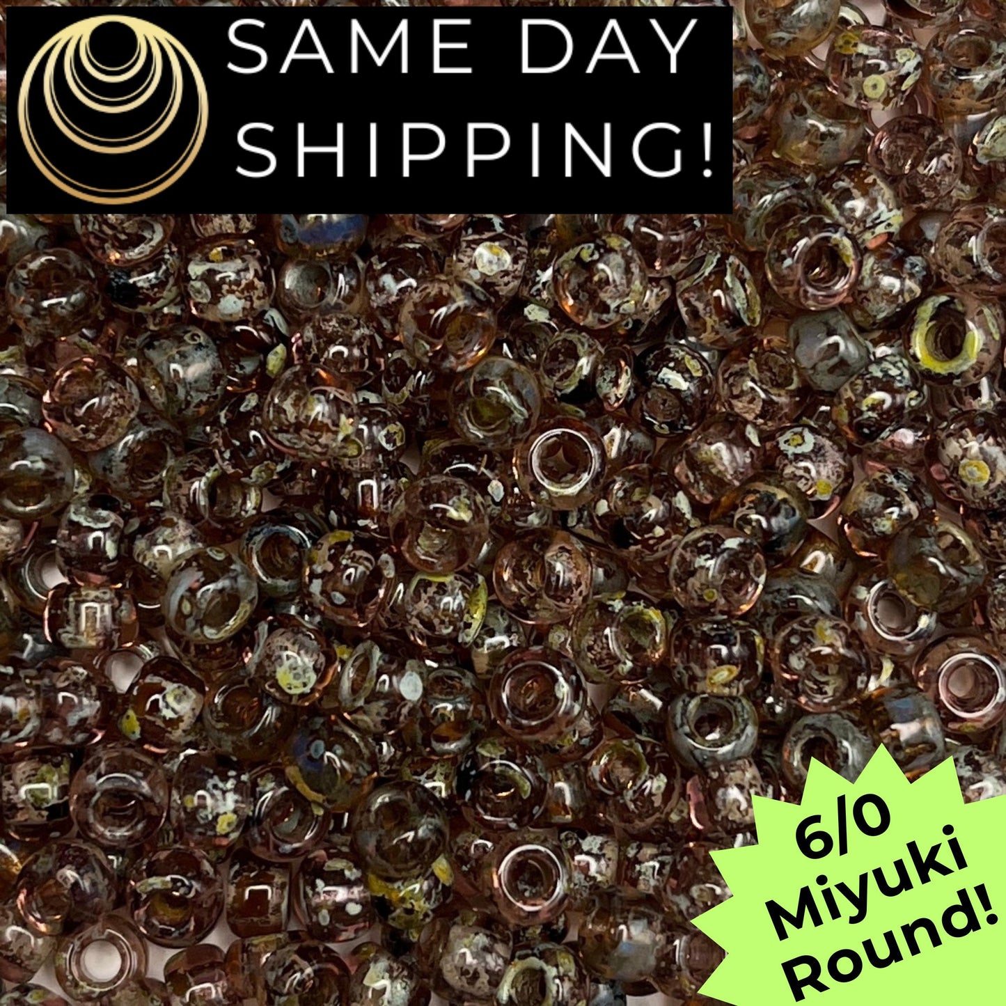 6-4505 Miyuki 6/0 Round Beads, Transparent Light Smoky Topaz Picasso