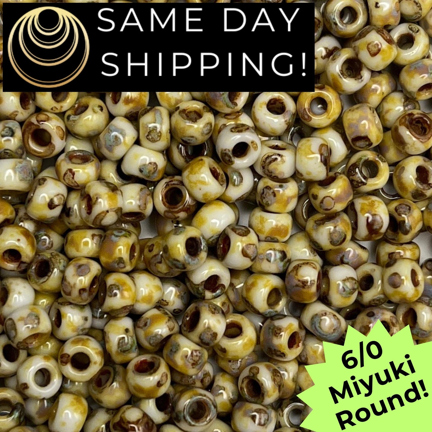6-4512 Miyuki 6/0 Round Beads, Canary Yellow Picasso