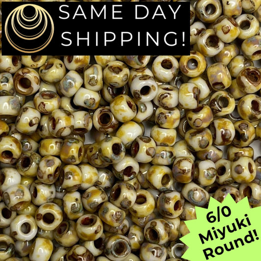 6-4512 Miyuki 6/0 Round Beads, Canary Yellow Picasso