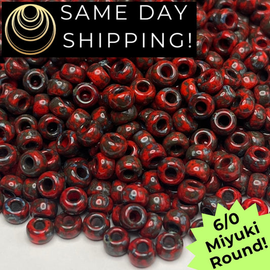 6-4513 Miyuki 6/0 Round Beads, Red Picasso