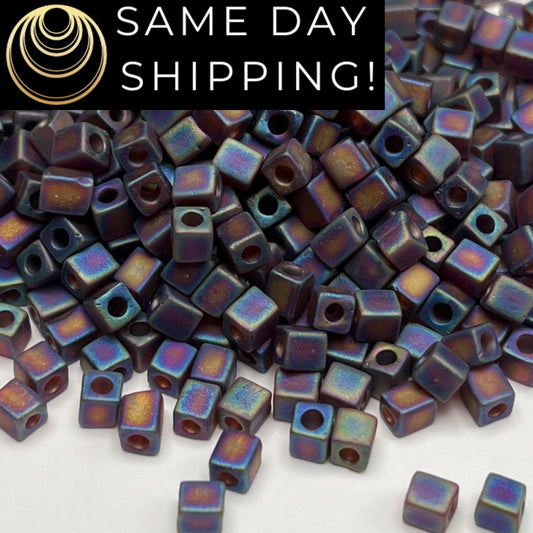4SB-0134FR Miyuki 4mm Cube Beads, Matte Transparent Dark Amber Rainbow