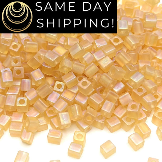 4SB-0132FR Miyuki 4mm Cube Beads, Transparent Matte Rainbow Light Gold