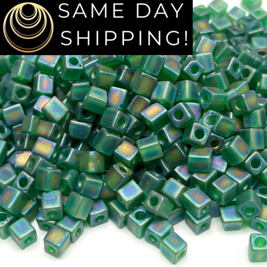 4SB-0146FR Miyuki 4mm Cube Beads, Matte Transparent Green Rainbow