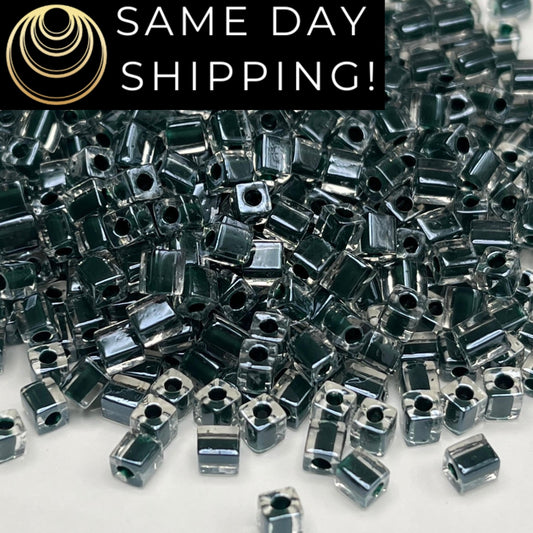 4SB-0237 Miyuki 4mm Cube Beads, Green/Black Color Lined Crystal