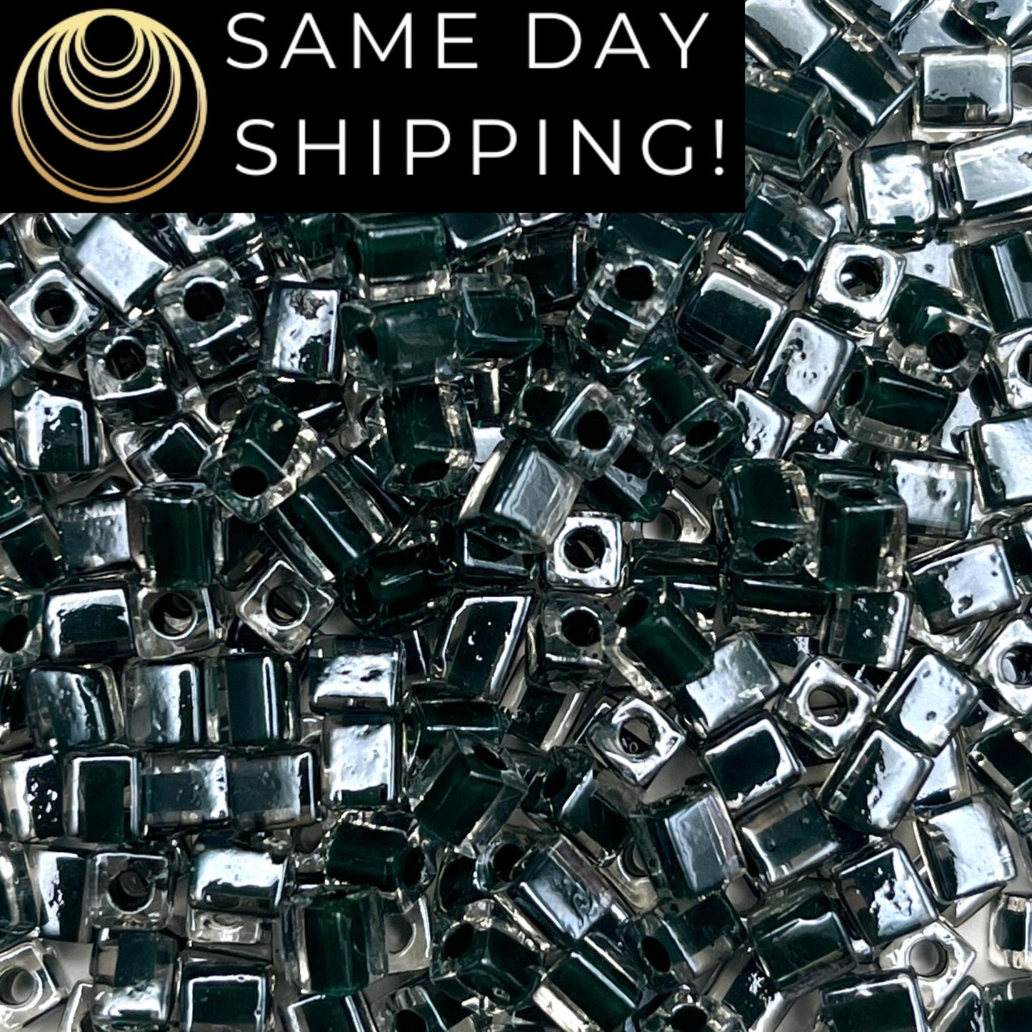 4SB-0237 Miyuki 4mm Cube Beads, Green/Black Color Lined Crystal