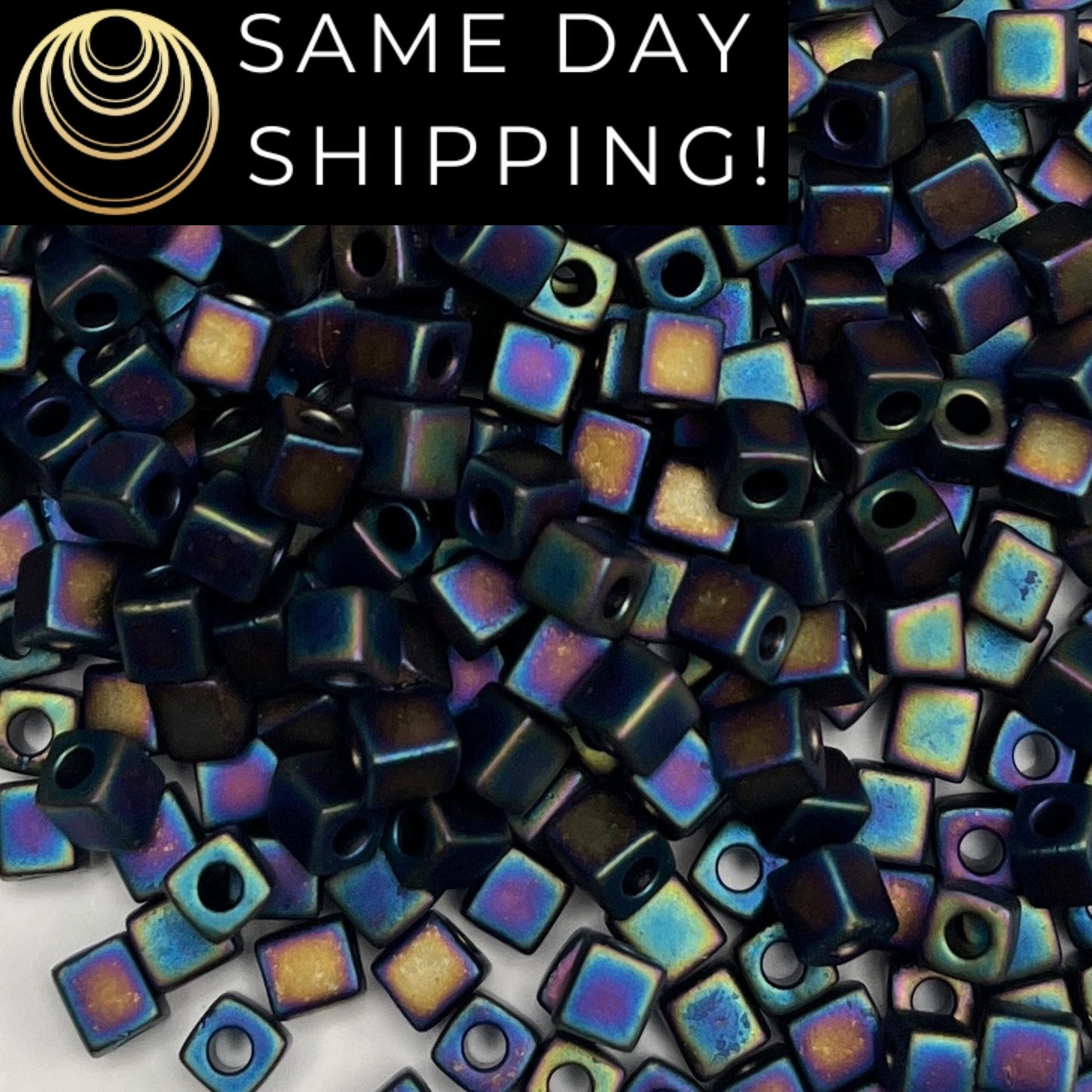 4SB-0401FR Miyuki 4mm Cube Beads, Matte Black Rainbow