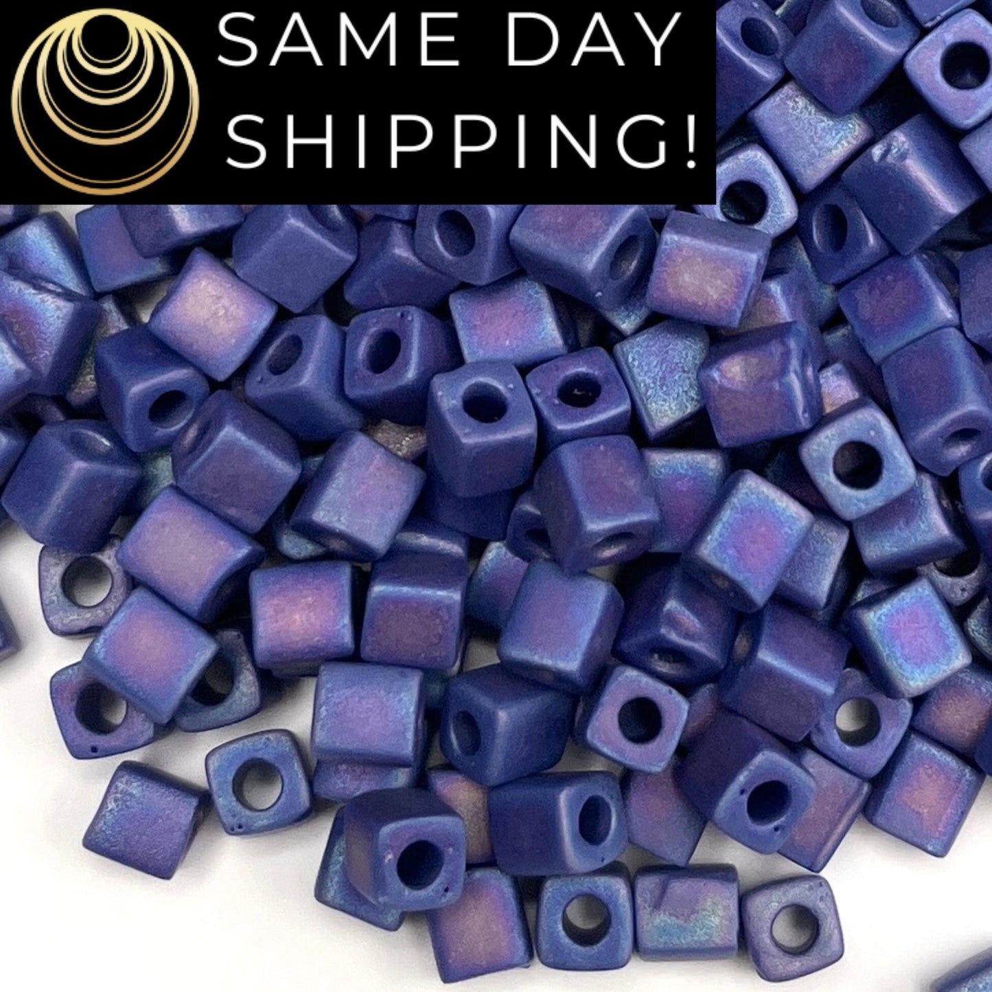 4SB-0414FR Miyuki 4mm Cube Beads, Matte Cobalt Blue Rainbow