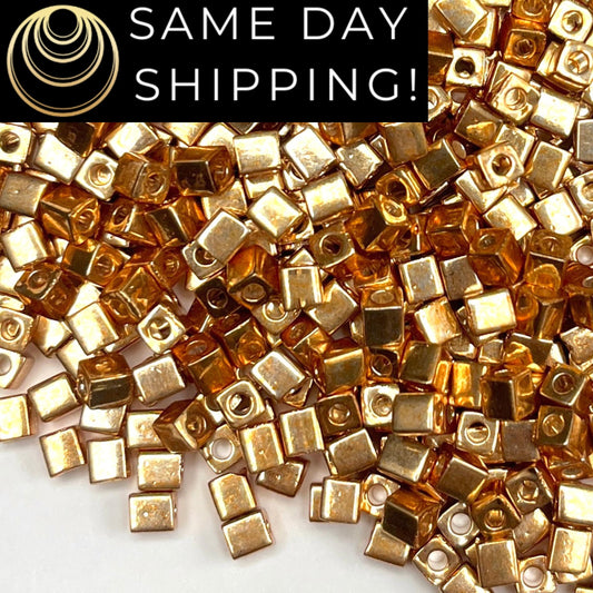 4SB-1053 Miyuki 4mm Cube Beads, Galvanized Gold