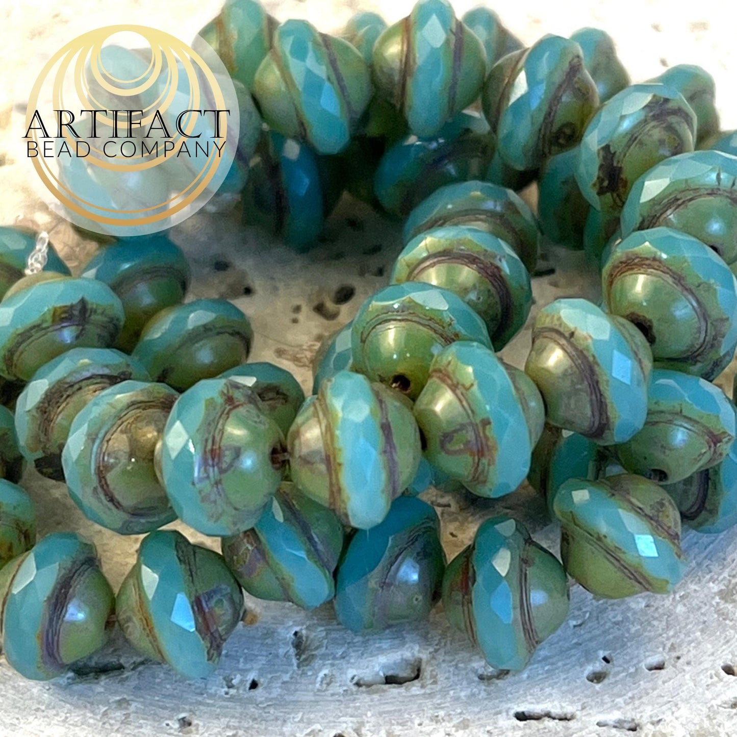 8x10mm Saturn Sea Green Czech Picasso Beads, 15 Beads