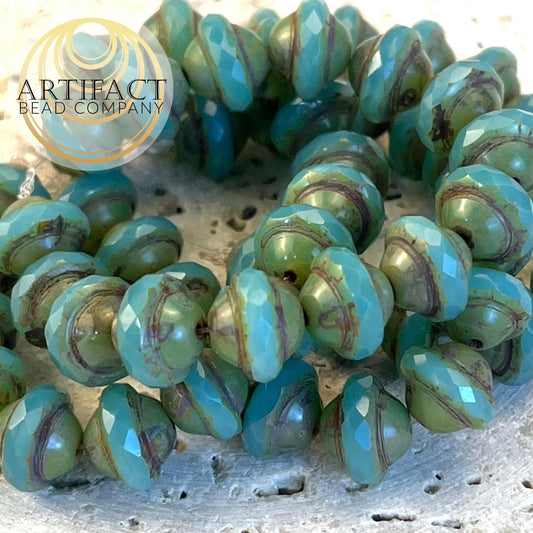 8x10mm Saturn Sea Green Czech Picasso Beads, 15 Beads