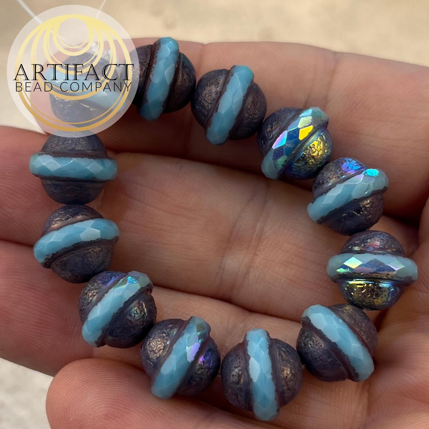 10x12mm Saturn Sky Blue Czech Beads, Etched and AB finishes, 12 Beads