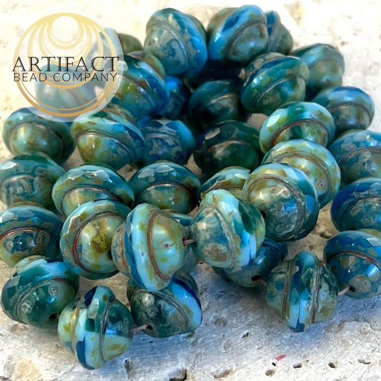 10x12mm Saturn Sky Blue, Teal, Emerald Czech Picasso Beads, 12 Beads