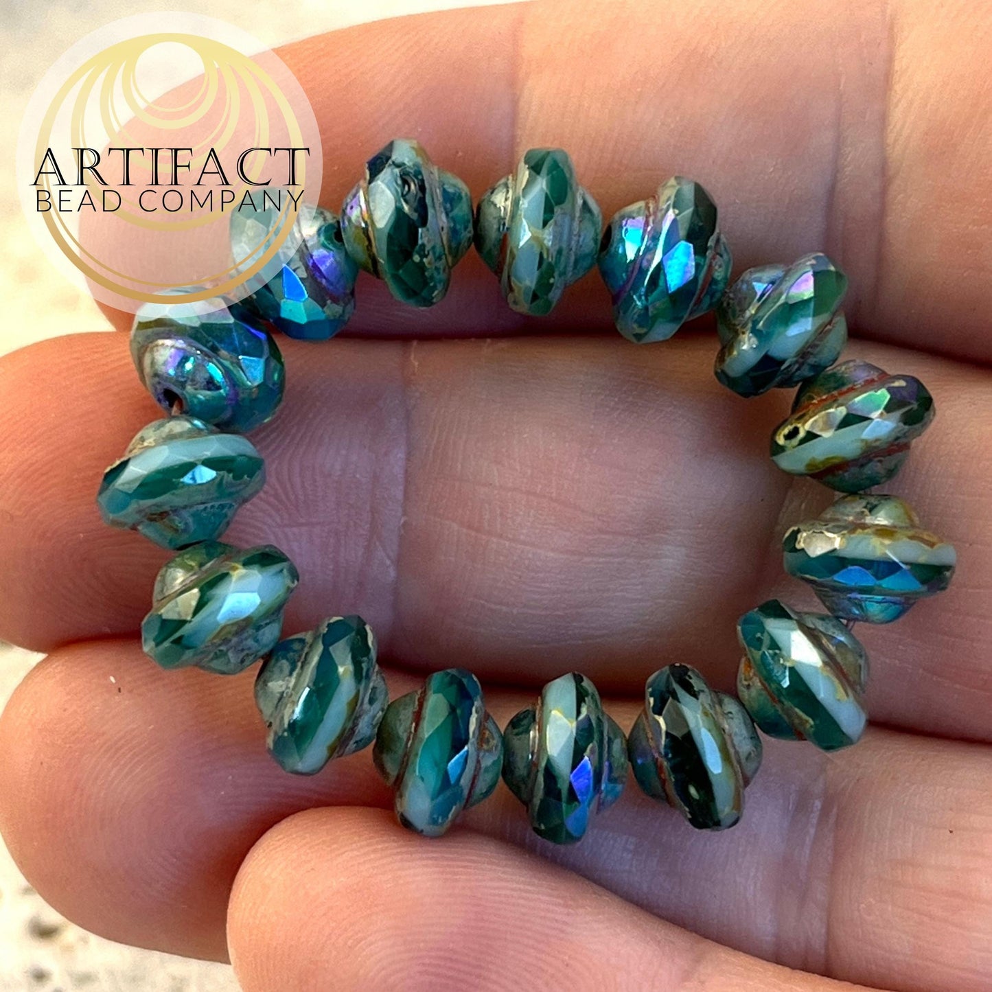 6x8mm Saturn Sea Green Sky Blue Czech Picasso AB Beads, 15 Beads