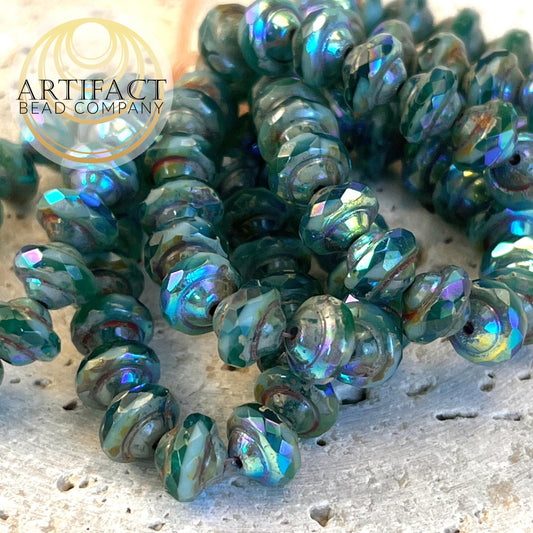 6x8mm Saturn Sea Green Sky Blue Czech Picasso AB Beads, 15 Beads