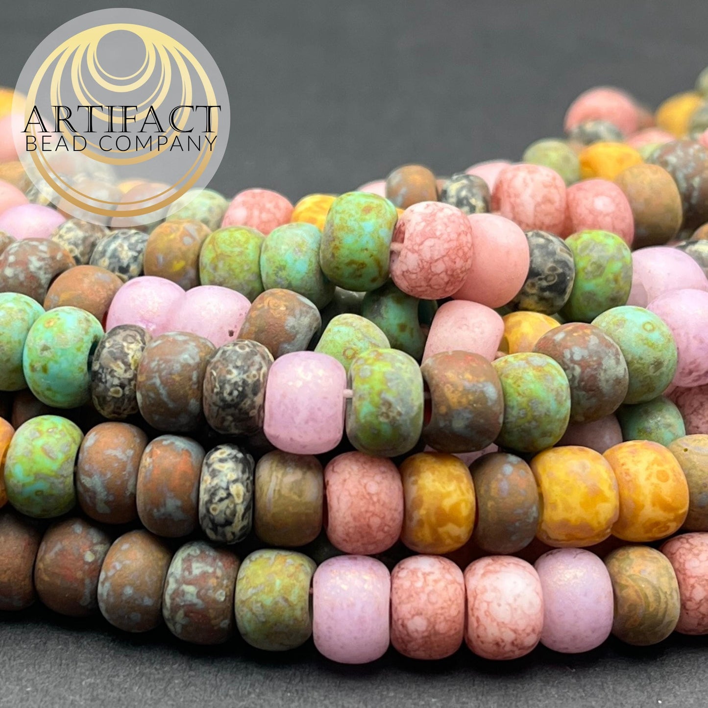 33/0 8mm Aged Large Hole Matte Rosaline Striped Czech Picasso Mix, 5.5"