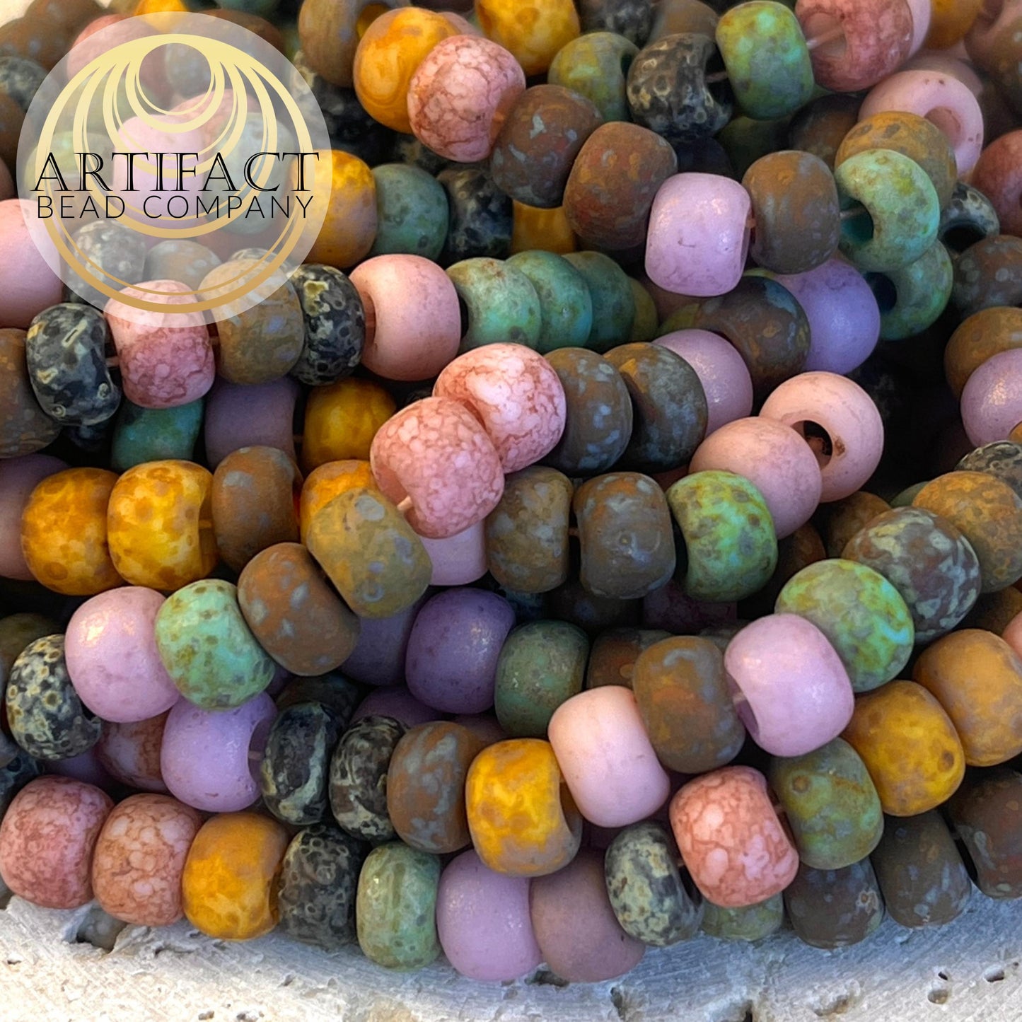 33/0 8mm Aged Large Hole Matte Rosaline Striped Czech Picasso Mix, 5.5"