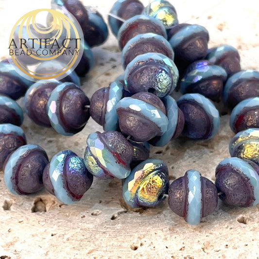 10x12mm Saturn Sky Blue Czech Beads, Etched and AB finishes, 12 Beads