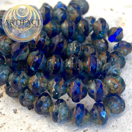 8x10mm Saturn Sapphire Blue Czech Picasso Beads, 15 Beads