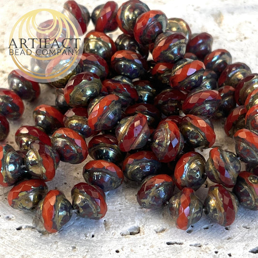 8x10mm Saturn Ruby Red and Bronze Czech Picasso Beads, 15 Beads