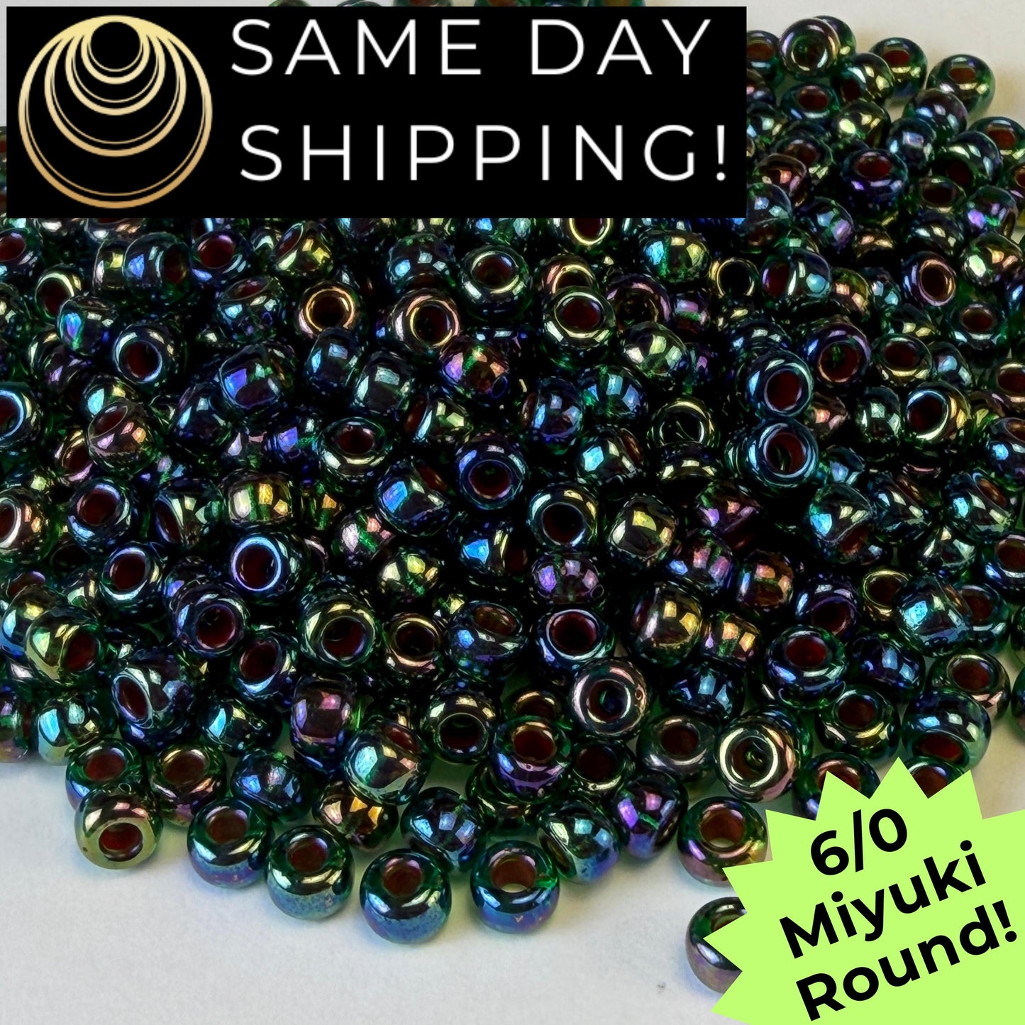 6-0344 Miyuki 6/0 Round Transparent Lined Green AB 20g Tube
