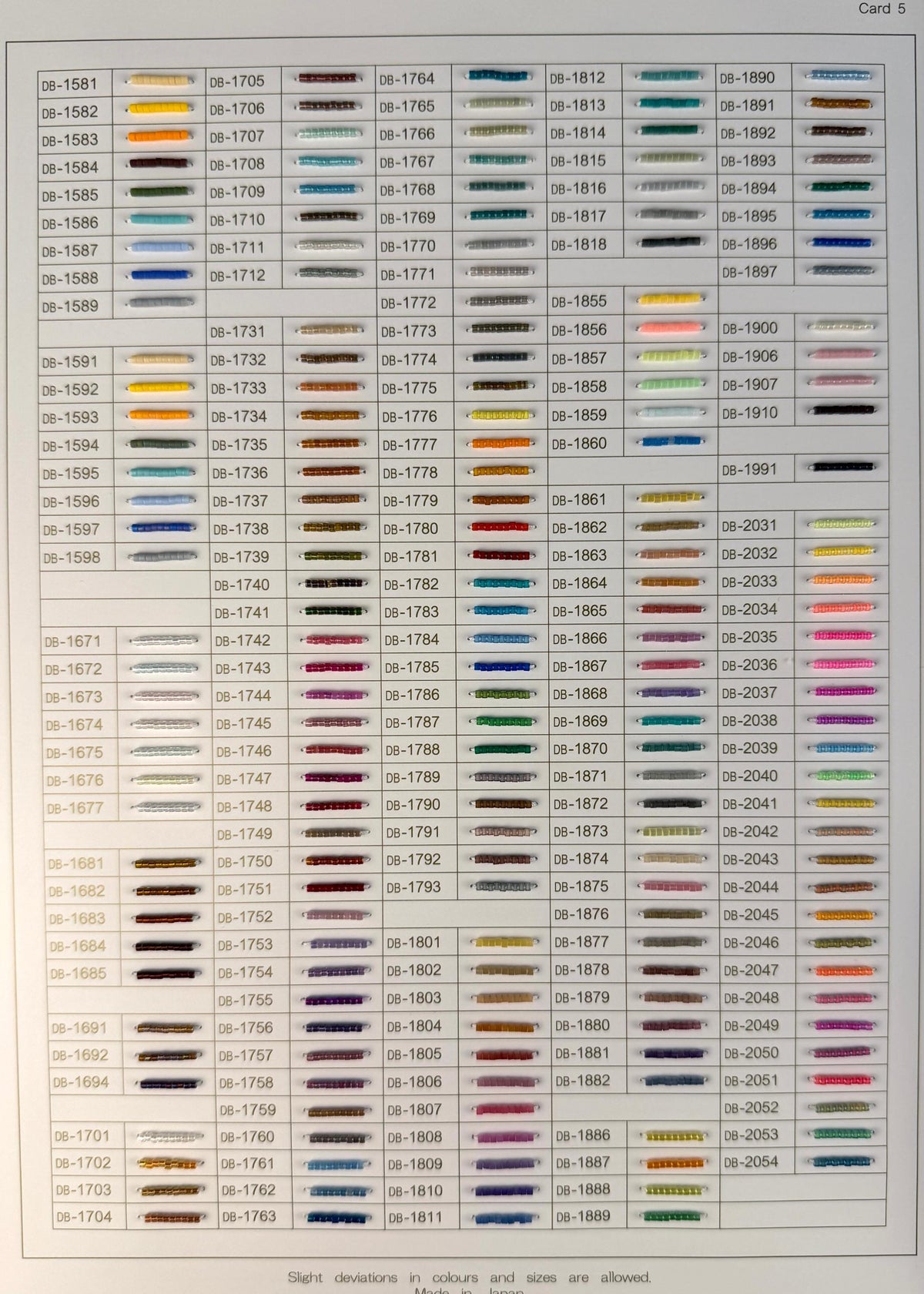 11/0 Miyuki Delica Professional Full Catalog Sample Cards