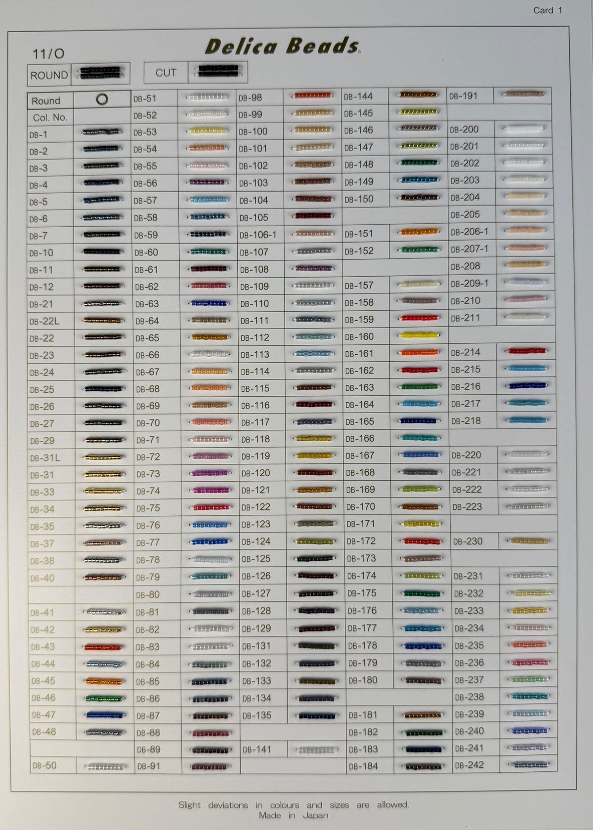 11/0 Miyuki Delica Professional Full Catalog Sample Cards