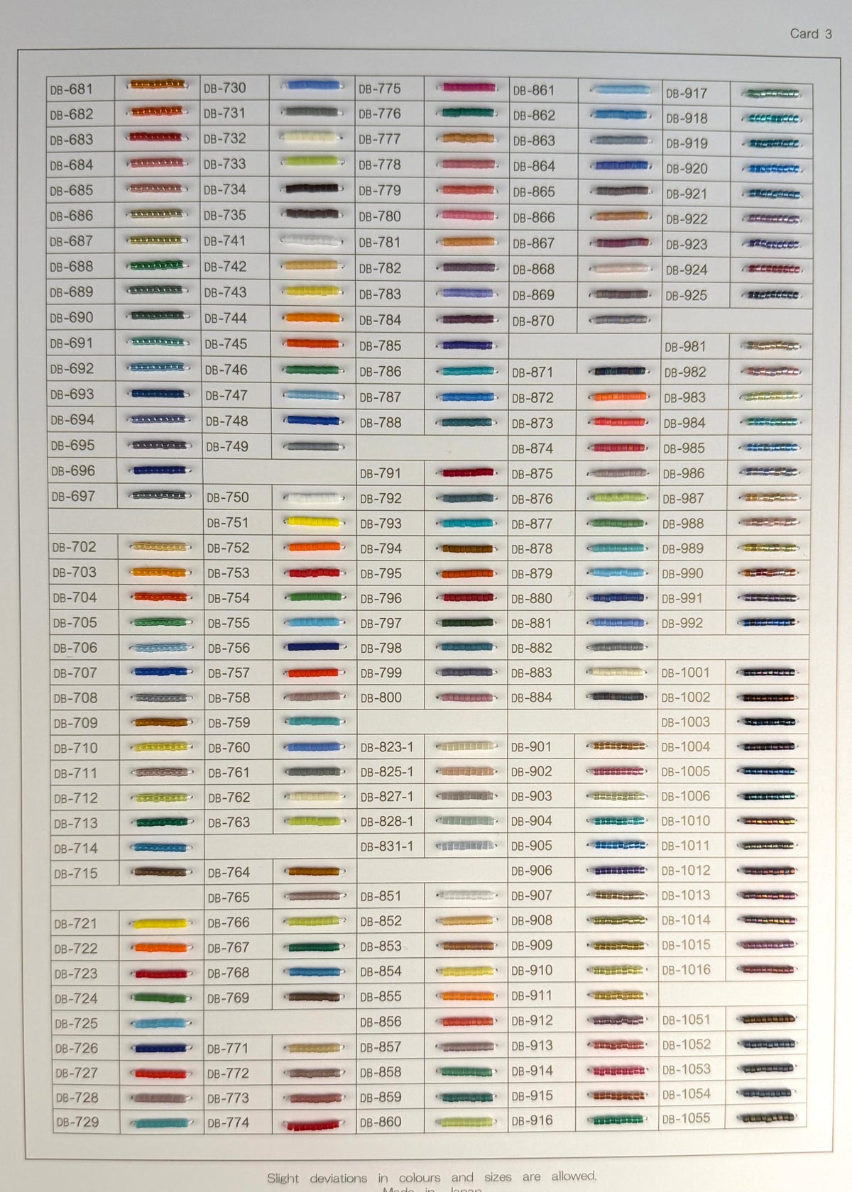 11/0 Miyuki Delica Professional Full Catalog Sample Cards