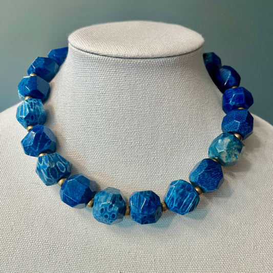 Blue Fossilized Coral Chunky Statement Necklace