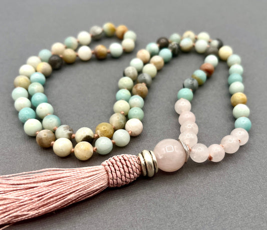 Amazonite and Rose Quartz 8mm 3/4 sized Mala, Hand Knotted, Japa Mala Necklace with Silver Accents and Pink Tassel