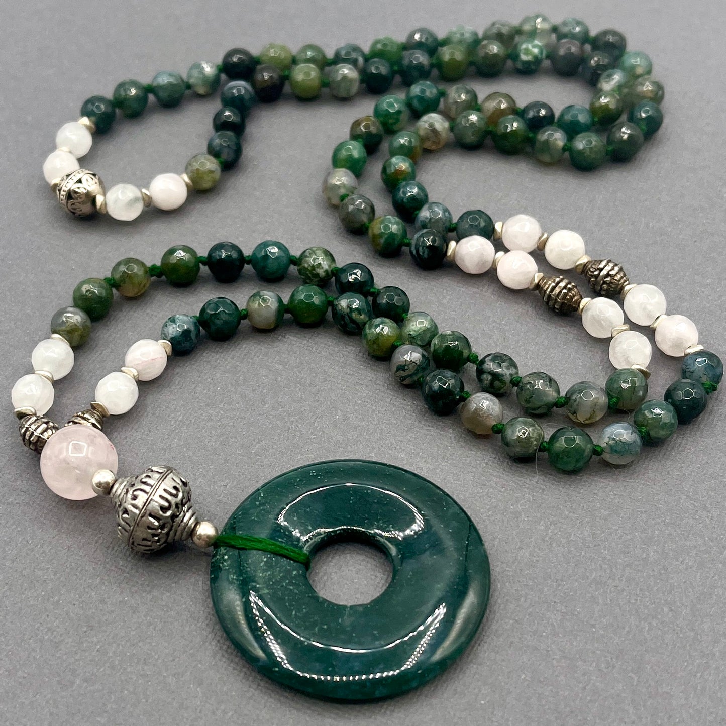 Moss Agate and Rose Quartz Japa Mala Necklace with Silver Accents and Moss Agate Donut Pendant