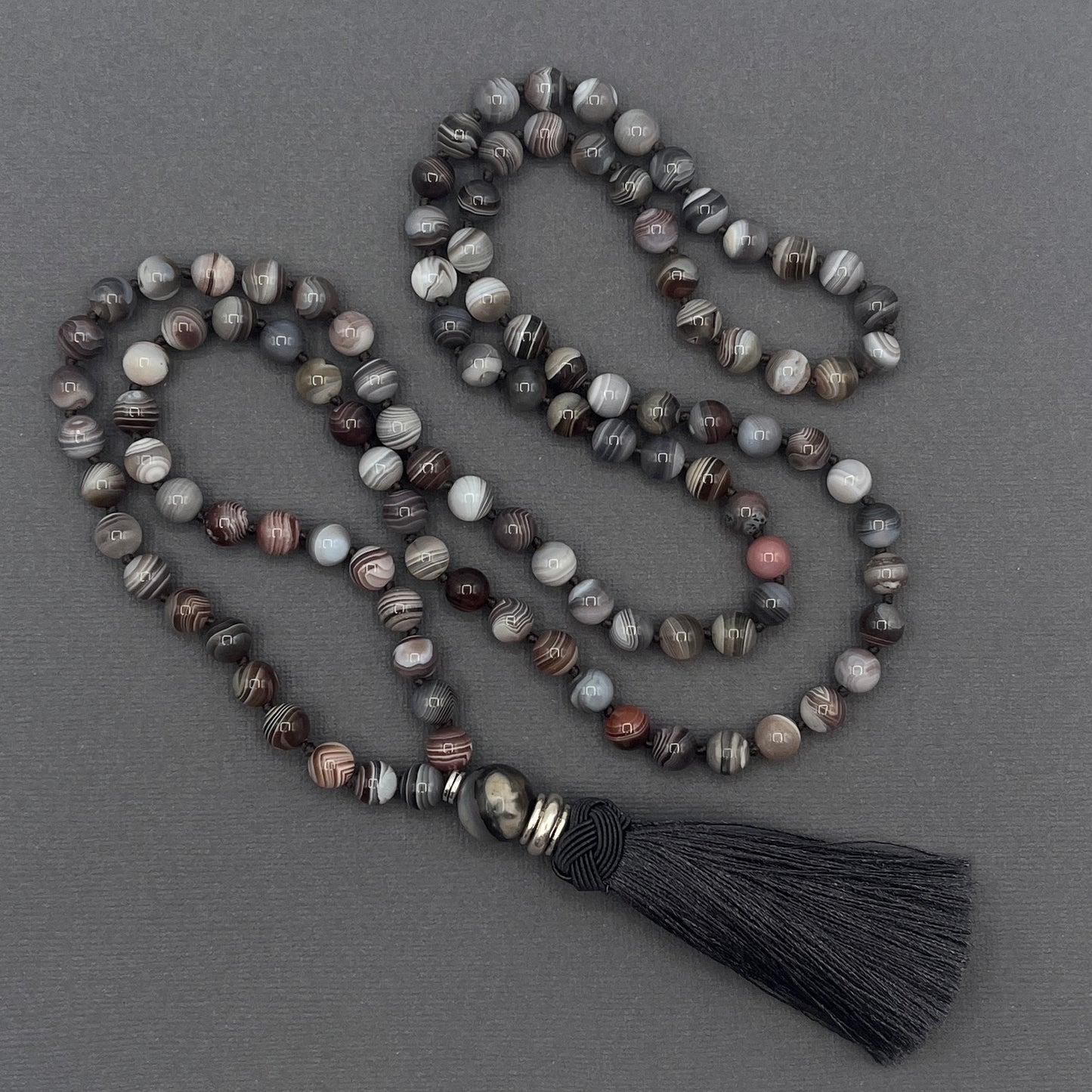 Hand Knotted Botswana Agate Beaded Japa Mala Necklace with Silver Accents and Dark Grey Knotted Tassle