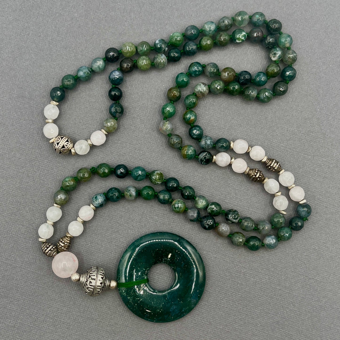 Moss Agate and Rose Quartz Japa Mala Necklace with Silver Accents and Moss Agate Donut Pendant