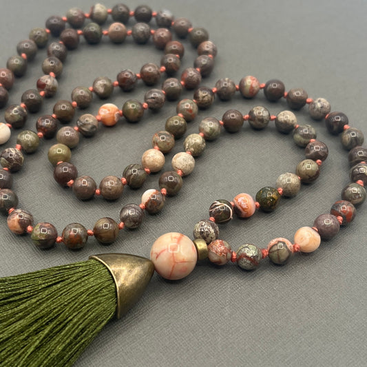 Hand Knotted Rainforest Jasper Mala Necklace with Antique Bronze Accents and Olive Tassle