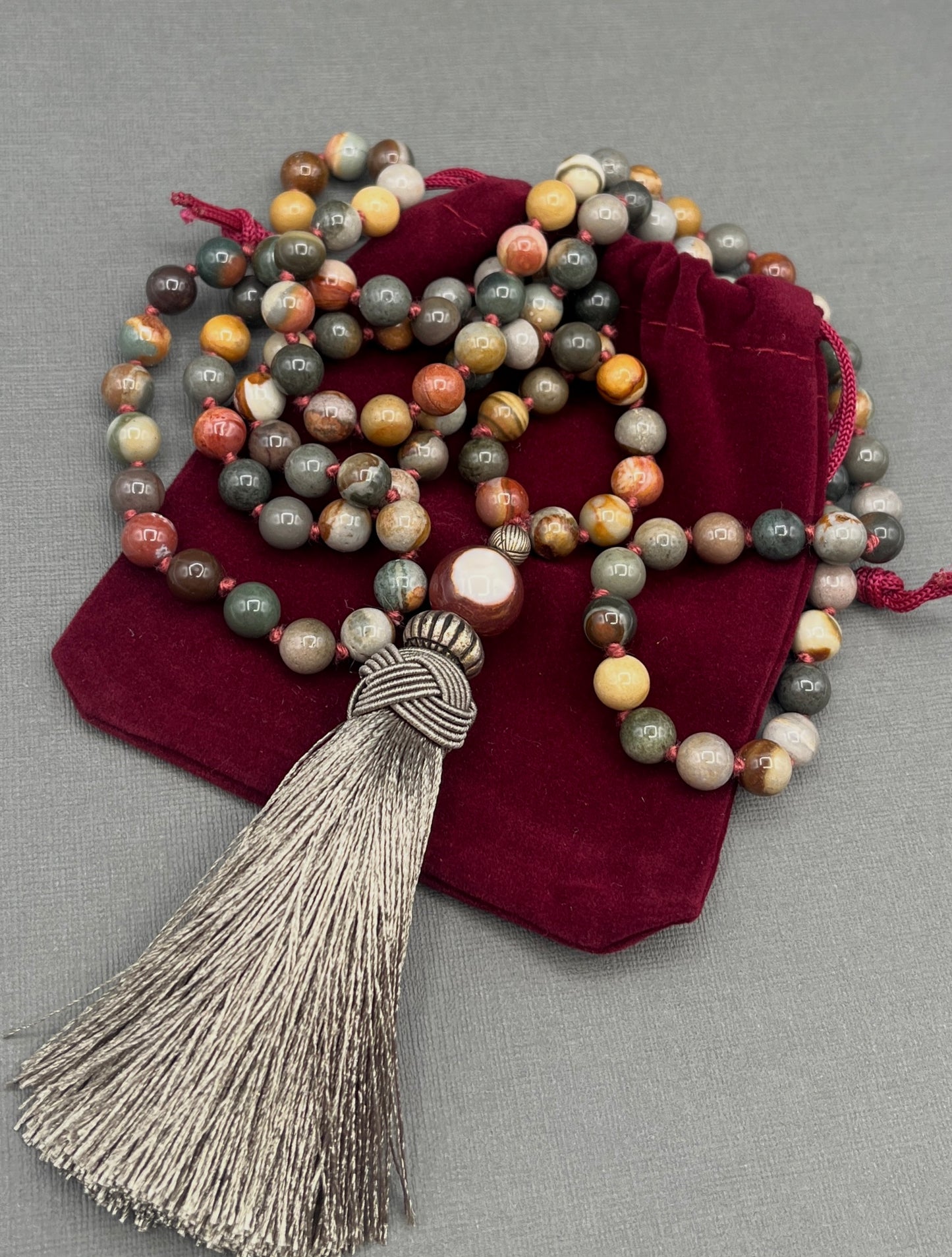 Hand Knotted Polychrome Agate/Desert Jasper Japa Mala Necklace with RARE Antique Silver accents and Olive Green Tassle