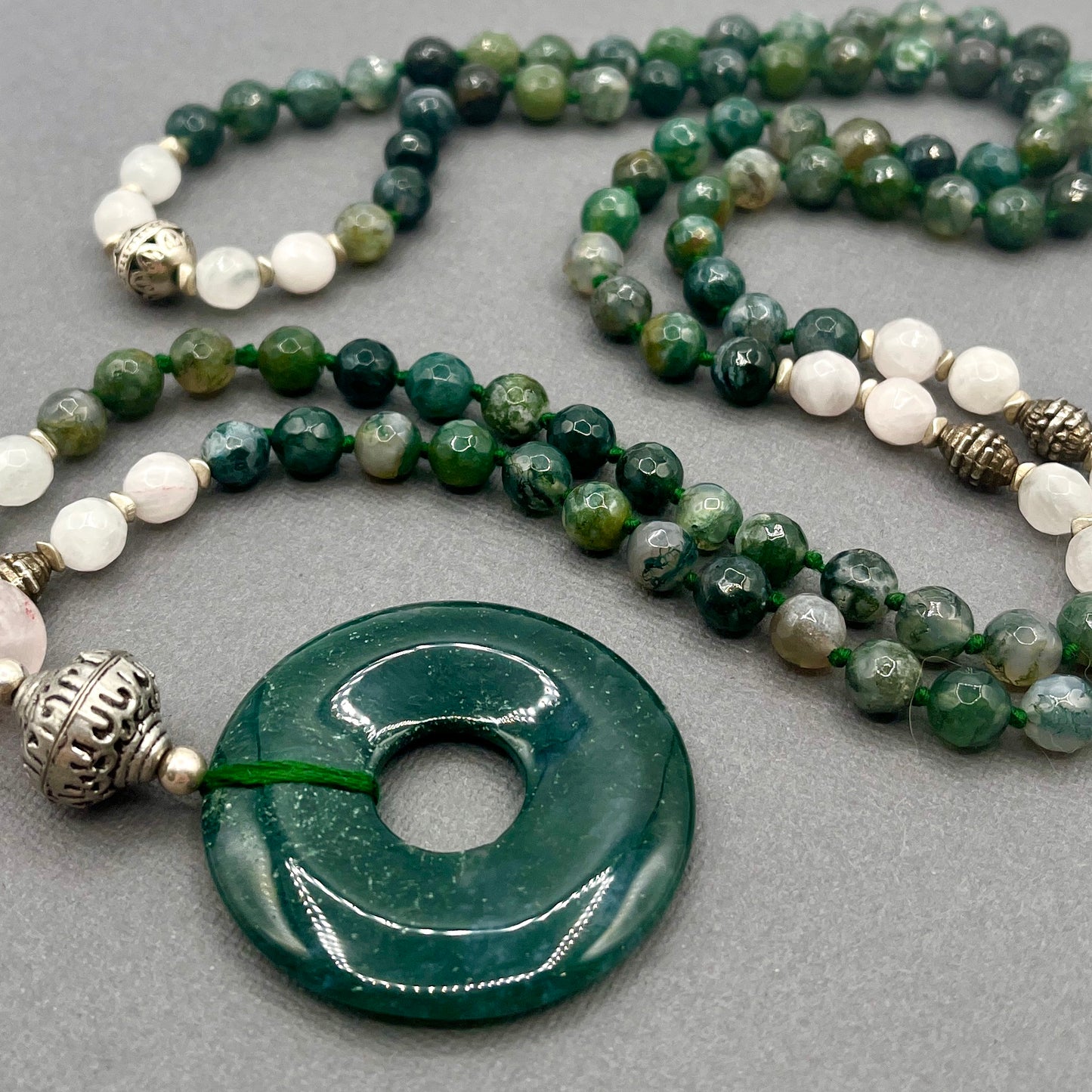 Moss Agate and Rose Quartz Japa Mala Necklace with Silver Accents and Moss Agate Donut Pendant