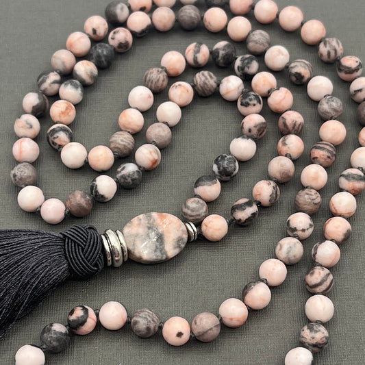 Hand Knotted Pink Zebra Jasper Mala Necklace with Silver Accents and Dark Grey Tassel