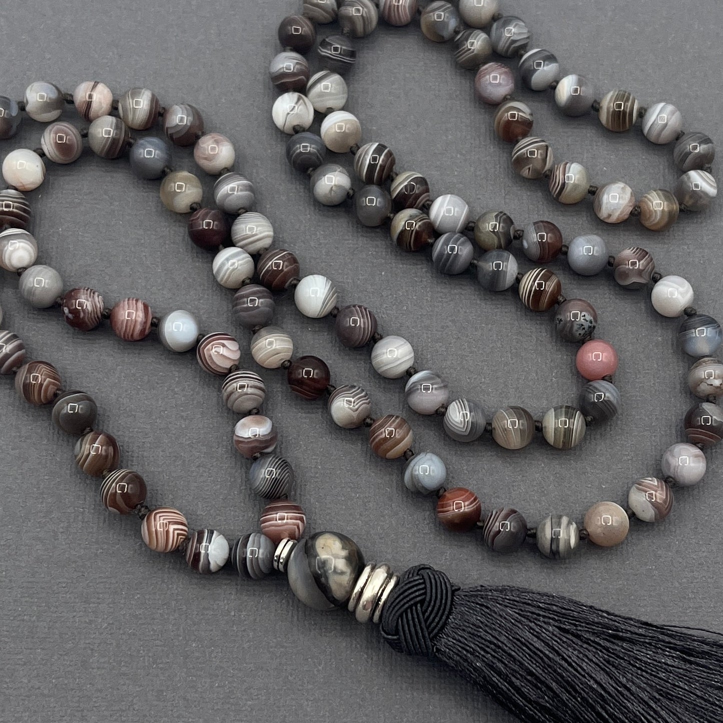 Hand Knotted Botswana Agate Beaded Japa Mala Necklace with Silver Accents and Dark Grey Knotted Tassle