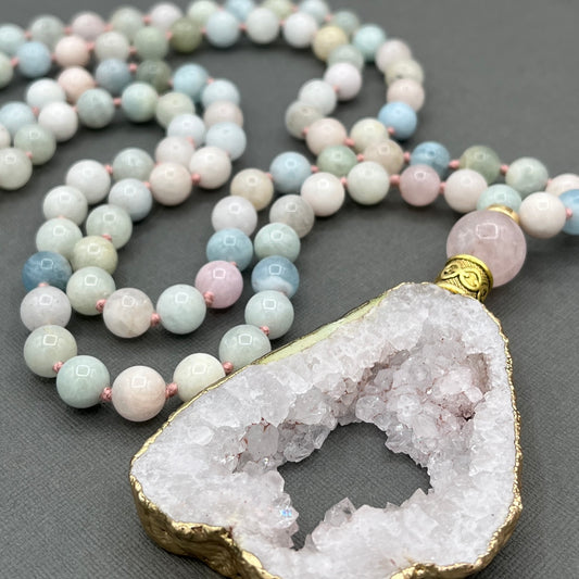 Hand Knotted Morganite and Rose Quartz Mala Necklace with Quartz Pendant and Gold Accents